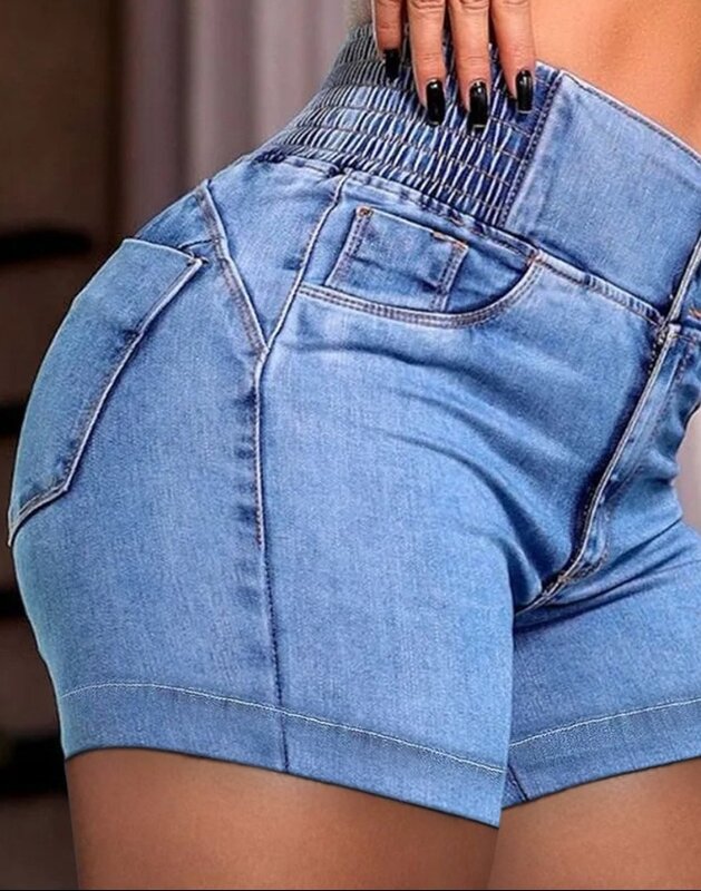 Damen Jeans Mode Sommer lässig täglich normal geknöpft gewaschen geraffte hohe Taille Taschen rohe Kanten dünne Jeans shorts