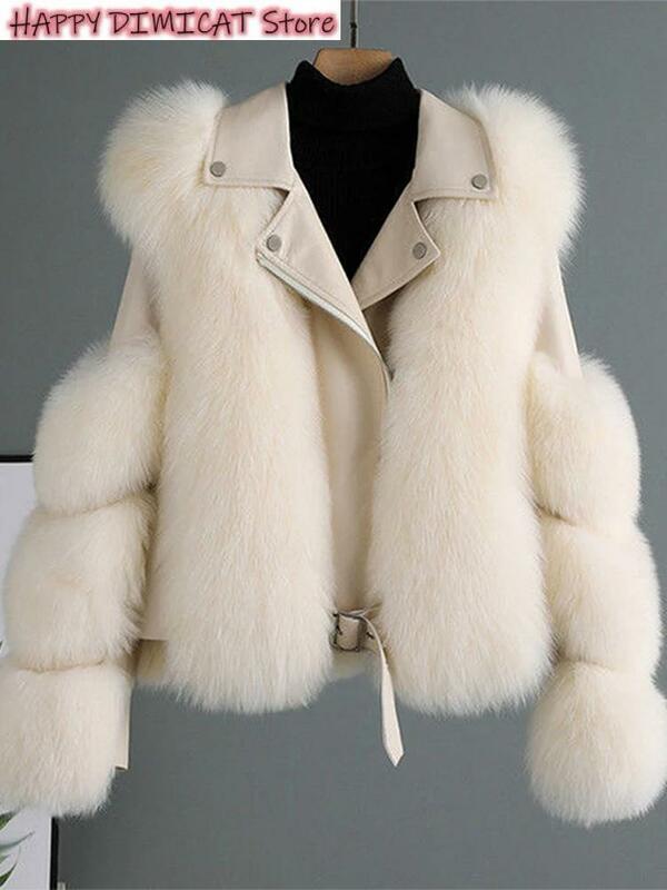 Retro Faux Fox Coat donna manica lunga autunno inverno Pu Leather Fluffy moda femminile Casual semplice giacca di pelliccia Lady Outwear