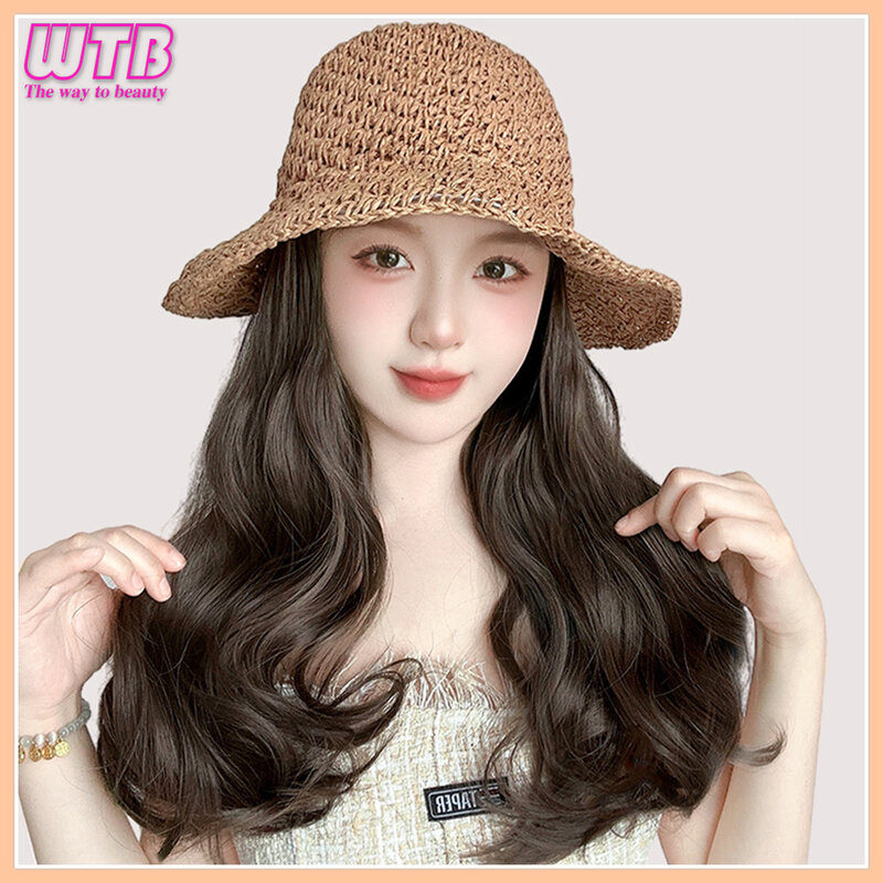 Synthetic hats and wigs with long wavy hair linen woven straw hats and summer beach hats shade breathable long curly hair wigs