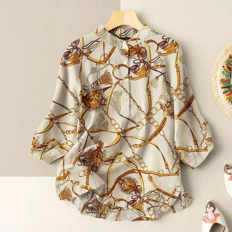 Fashion Chained Casual Loose Ladies Shirts  Print Long Sleeve Shirt Turn-Down Collar Single Breasted Mid Length Version Shirts