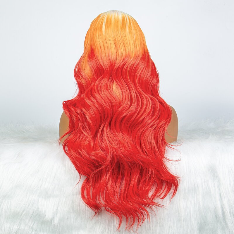 Perucas sintéticas do cabelo do laço vermelho frente, onda do corpo, parte média, raiz branca, mulheres cosplay perucas, resistente ao calor, 26"