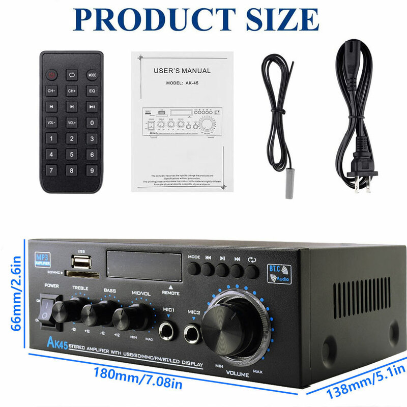 Woopker-Amplificador Digital de alta fidelidad AK45, amplificador de sonido con Bluetooth, MP3, Canal 2,0, compatible con 90V-240V, máx. 400W x 2, para casa y coche