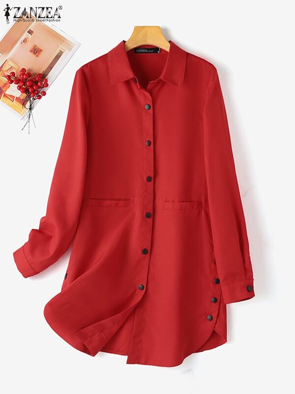 ZANZEA-Blusa larga con botones para Mujer, camisa de manga larga con cuello de solapa, informal, elegante, a la moda, para primavera