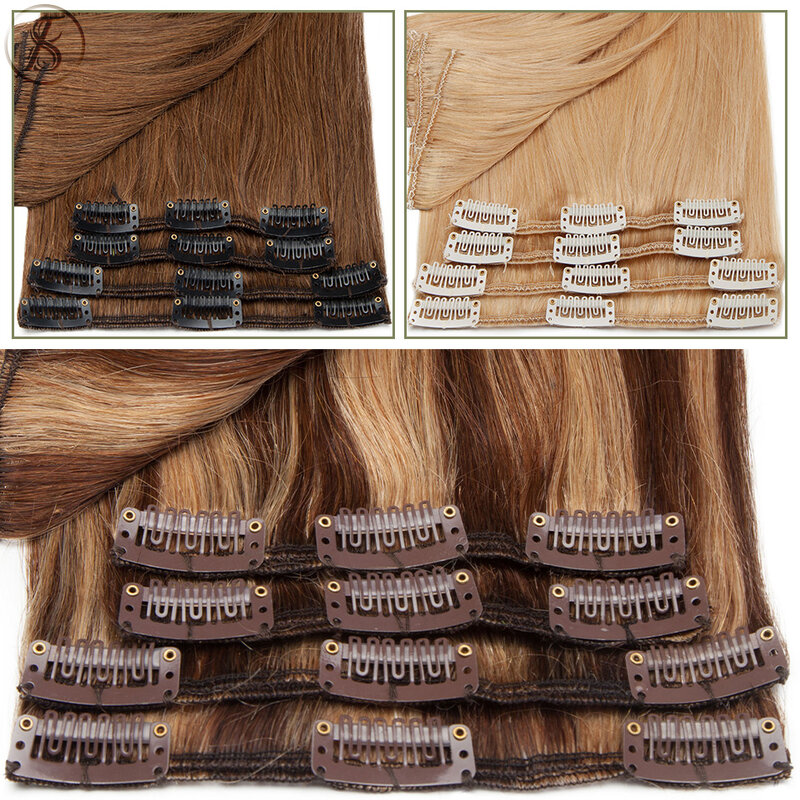 TESS-extensiones de cabello Natural con Clip, cabello humano liso, cabeza completa, resaltado fino, postizo, 50-80g, 8 unidades por juego