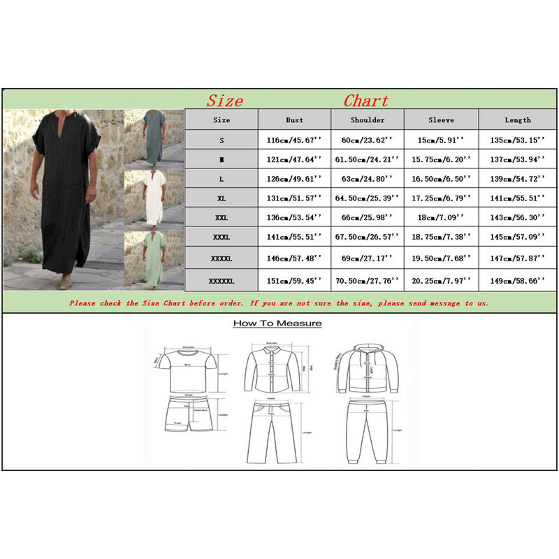 Vestes de linho de algodão de manga curta masculino, Jubba Thobe, muçulmano, árabe, islâmico, gola V, masculino, Abaya Fashion