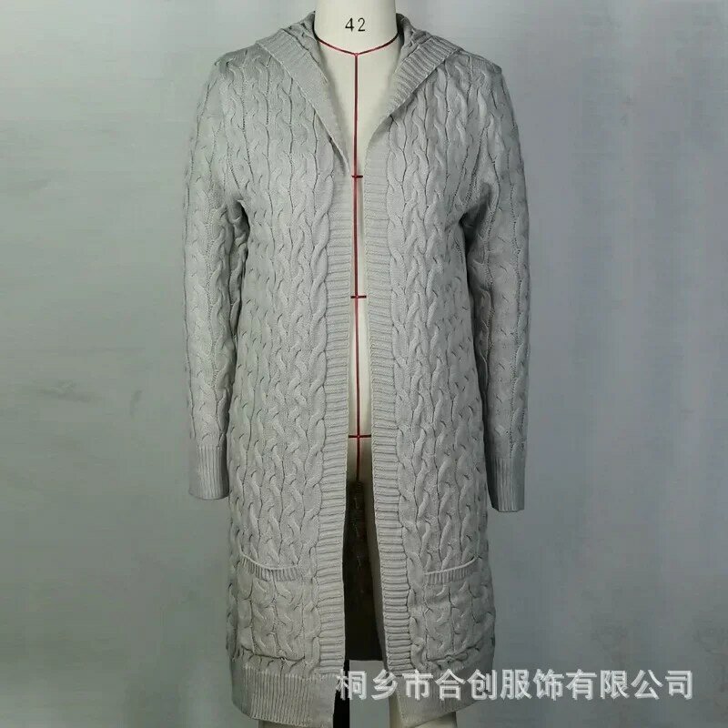 Cardigã longo com capuz para mulheres, suéter monocromático, manga comprida, jaqueta de malha com cabo, novo outono e inverno, 2023