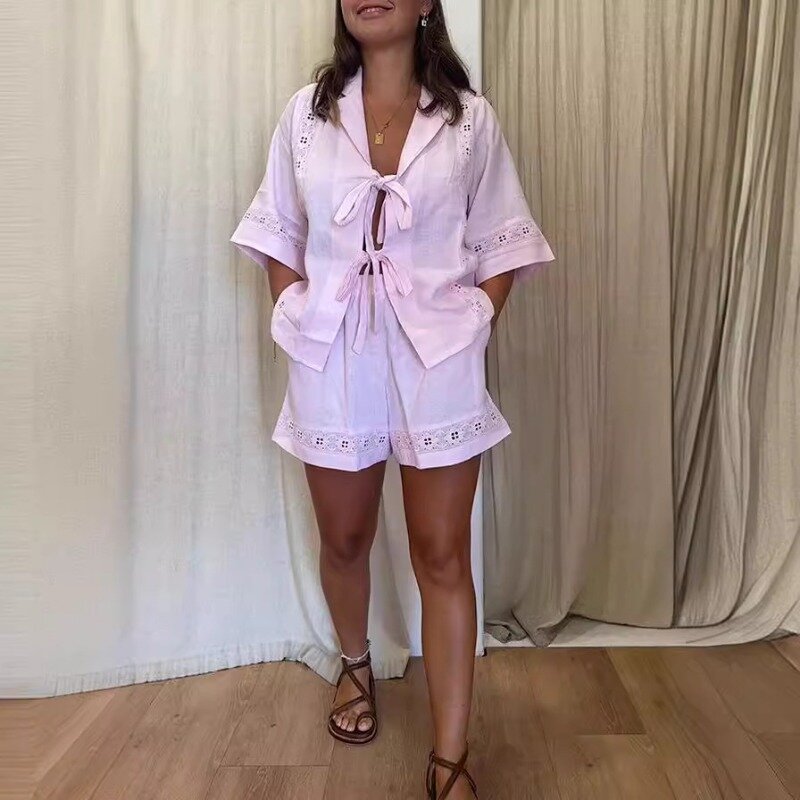 Elegant Women Shorts Two Piece Set Y2K INS Beach Vacation Outfits Short Sleeve Lapel Hollow Out Loose Shorts Clothing Set