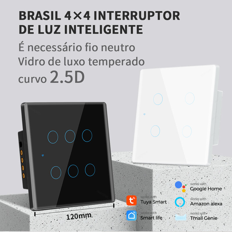 Brasil 4x4 tuya wifi inteligente interruptor de luz 4/6 gang toque parede 110-240v tela painel app fio neutro trabalhar com alexa casa do google