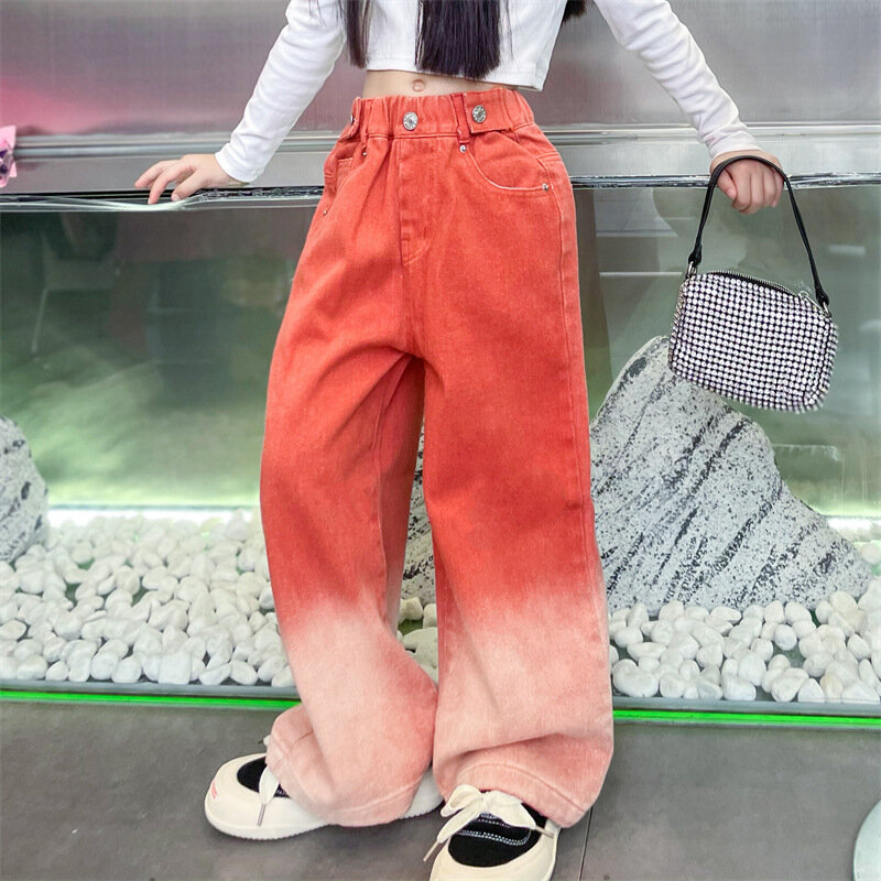 3-14Y Spring Autumn Girls Jeans Teen-agers Fashion Gradient Color Long Style Trousers For Kids Denim Wide Leg Pants