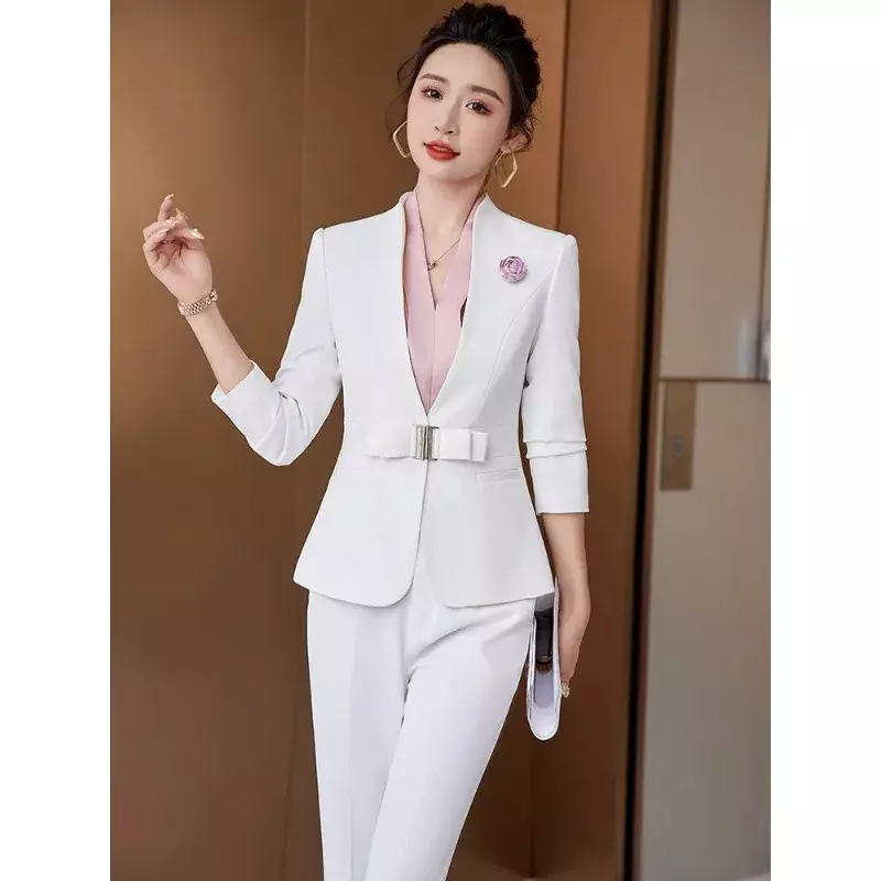 Büro Damen formelle Geschäfts arbeit tragen Hosenanzug Frauen Weißwein Marine weibliche V-Ausschnitt Blazer und Hose 2 Stück Set