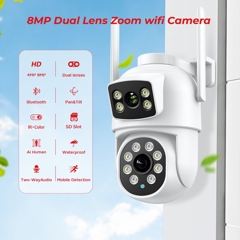 Kamera IP keamanan nirkabel luar ruangan, kamera pengawas jalan pelacakan otomatis Wifi PTZ lensa ganda HD 4K 8MP