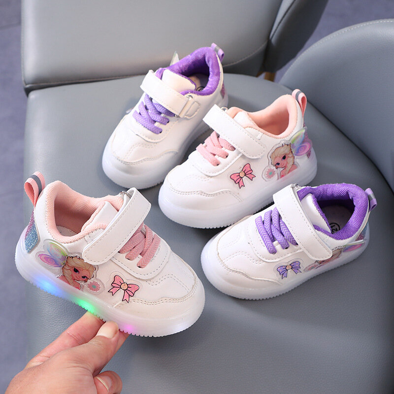 Sepatu Princess anak perempuan bayi cantik, sepatu tenis anak perempuan bayi cantik kartun, sepatu Sneakers bercahaya LED