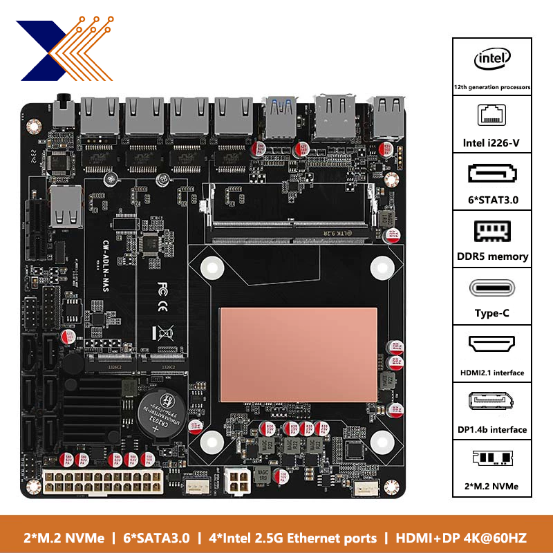 Материнская плата CWWK N100/i3-N305 six-bay NAS monster board 2 * M.2 NVMe 6 * SATA3.0 4 * Intel 2,5G Ethernet порты HDMI + DP 4K @ 60HZ ITX