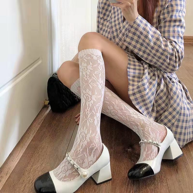 Medias de malla con estampado Floral para mujer, calcetines hasta la rodilla, nailon suave, elástico, a la moda, de pierna larga, transparentes de diseñador