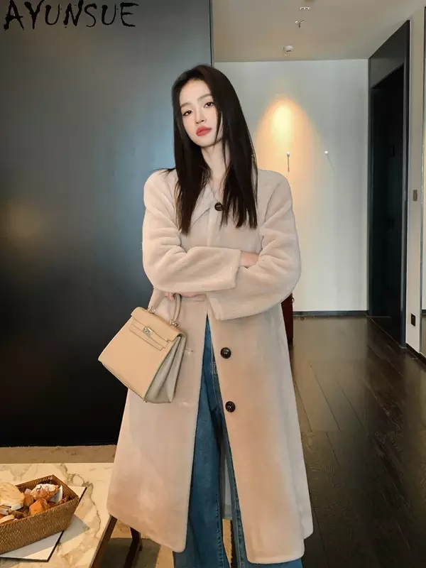 AYUNSUE jaket cukur domba panjang elegan untuk wanita mantel wol 100% musim dingin mantel bulu mode mantel wanita