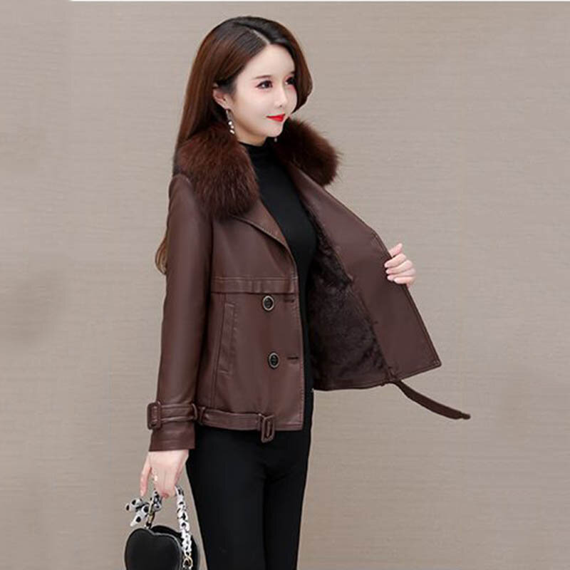 Manteau d'hiver en cuir à col en fourrure pour femmes, Slim et rajeunissant, style coréen, doublure coupe-vent en coton, décontracté