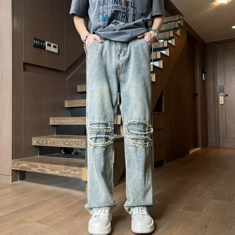 Wash vintage straight leg ripped jeans trend new summer casual pants for men and women