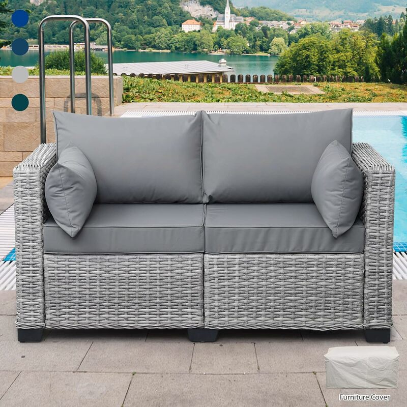 Outdoor Loveseat Sofa Balcony Furniture Loveseat 2 Seater Small Sofa with Anti-Slip Outdoor Cushion Lumbar Pillow and Cover,