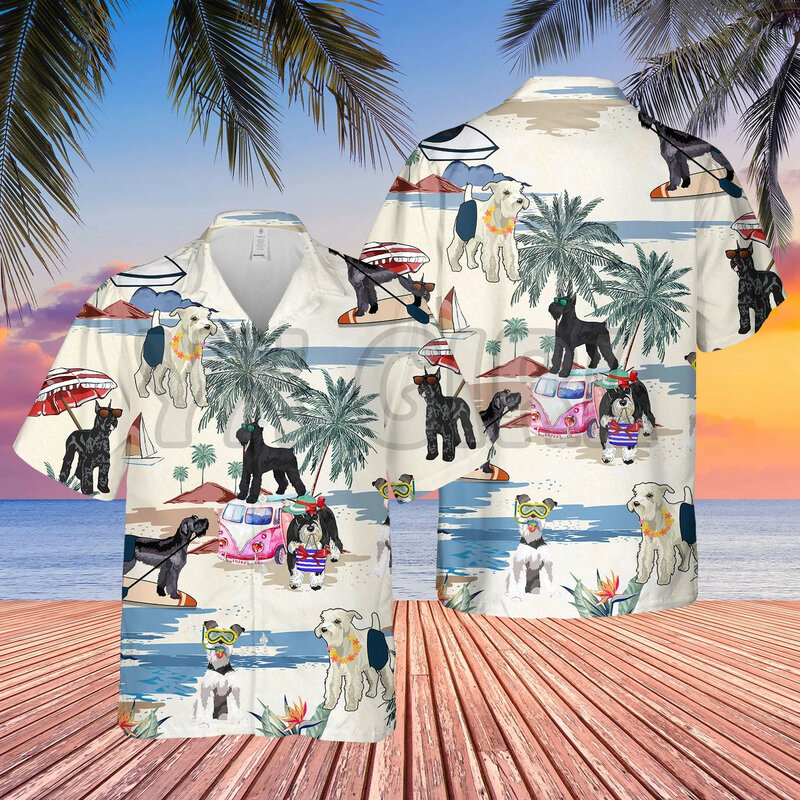 Гавайская рубашка для мужчин, Повседневная пляжная одежда в стиле Харадзюку, с тропическими питомцами, листьями, собаками, 3D принтом, на лето