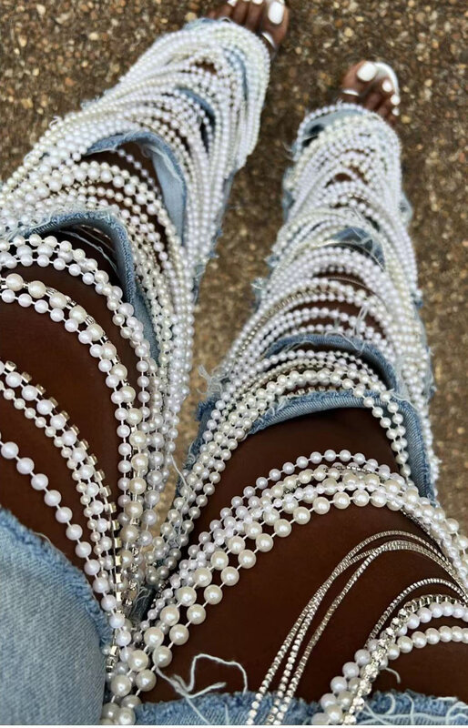 Beachapche proste dżinsy kobiety dziurki perły diamentowe nosorożce jednolity wysoki pasa modne bawełniane główna ulica spodnie dżinsowe