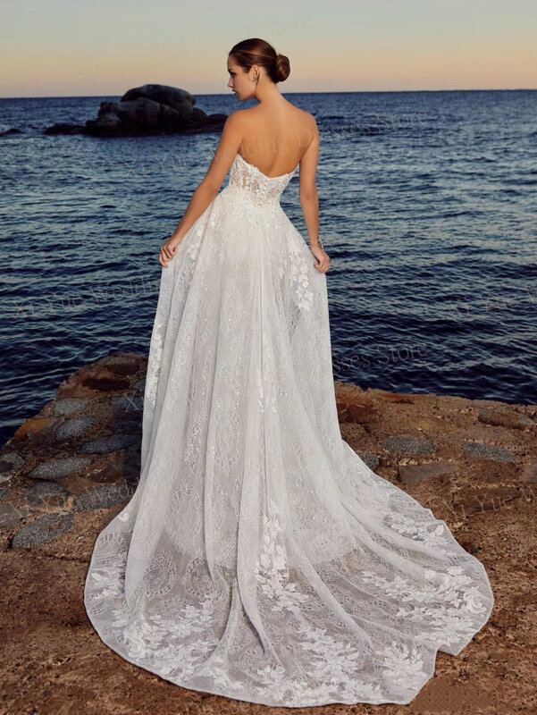 Gaun pengantin tanpa tali Modern sederhana elegan renda applique punggung terbuka menyapu gaun pengantin seksi tanpa lengan putri duyung Vintage