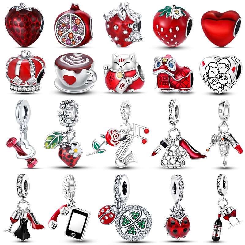 Echte 925 Sterling Silber Erdbeer Lippenstift Marienkäfer rot Charms Perle fit Pandora 925 Original Armbänder für Frauen DIY Schmuck
