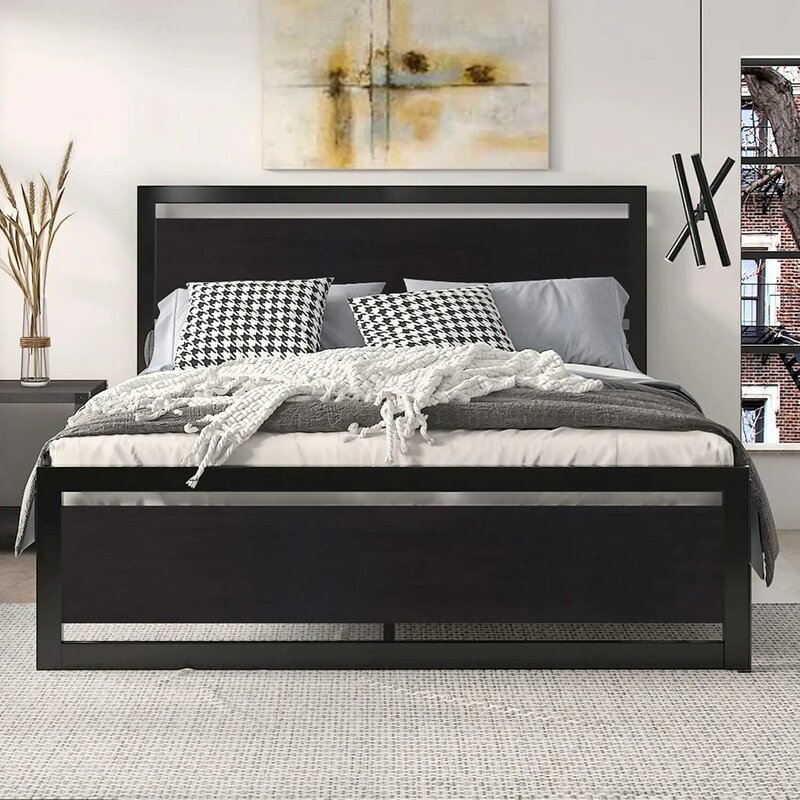 Full size bed frame, modern wooden headboard heavy platform metal bed frame, square frame footboard, black bedroom set