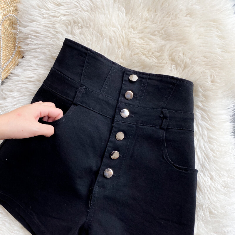 Moda damska bardzo wysokie talia jednorzędowe jeansowe szorty czarne Retro studenckie koreański, Slim i wszechstronne eleganckie najnowsze spodnie