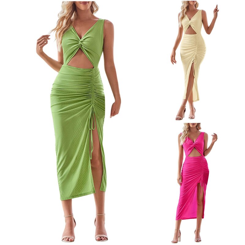 Women's Sexy Hip Wrapped Long Dress Summer V-Neck Sleeveless Solid Hollow Maxi Dress Ruched High Split Drawstring Vest Dresses