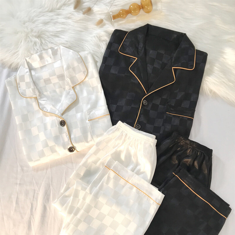 Para piżama wiosna lodowy jedwab bielizna nocna z długimi rękawami damskie paski wysokiej jakości nowy duży rozmiar satynowy odzież domowa