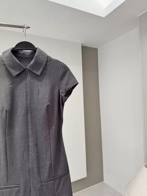 Dames Nieuwe Mode Pocket Decoratie Slanke Shirt Kraag Brede Geplooide Mini Jurk Retro Korte Mouw Rits Dames Jurk Mujer