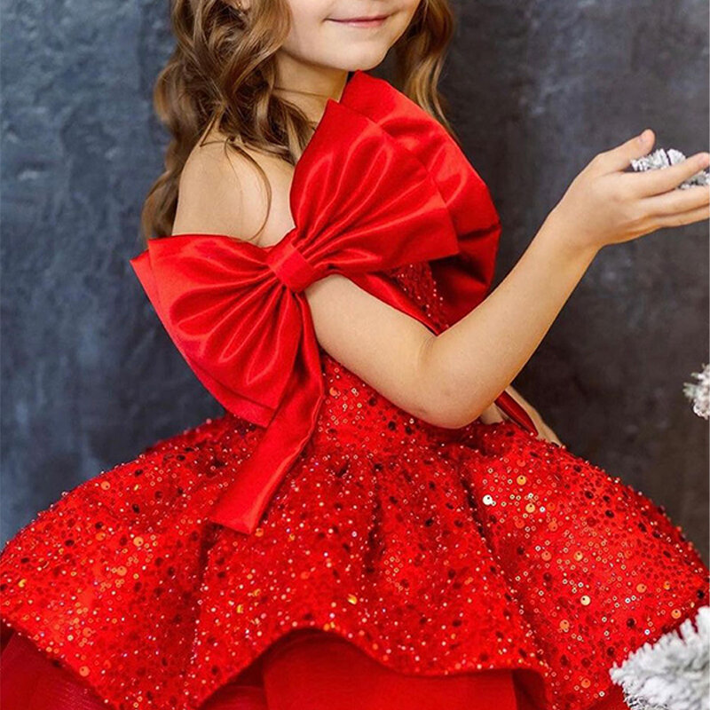 ชุดกระโปรงฟูฟ่องรูปโบว์ balita perempuan เลื่อมสำหรับเด็กผู้หญิงเด็กเดรสสีแดงชุดเดรสปาร์ตี้คริสต์มาสทรงเอ