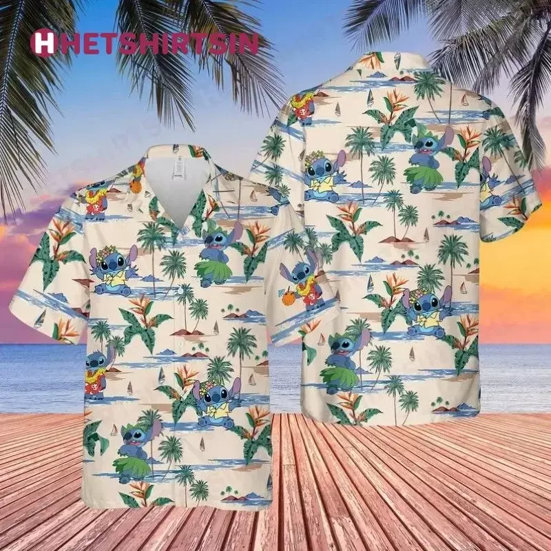 Camiseta Hawaiana de puntada para hombre y mujer, camisa Vintage con botones de Disney para playa, Verano