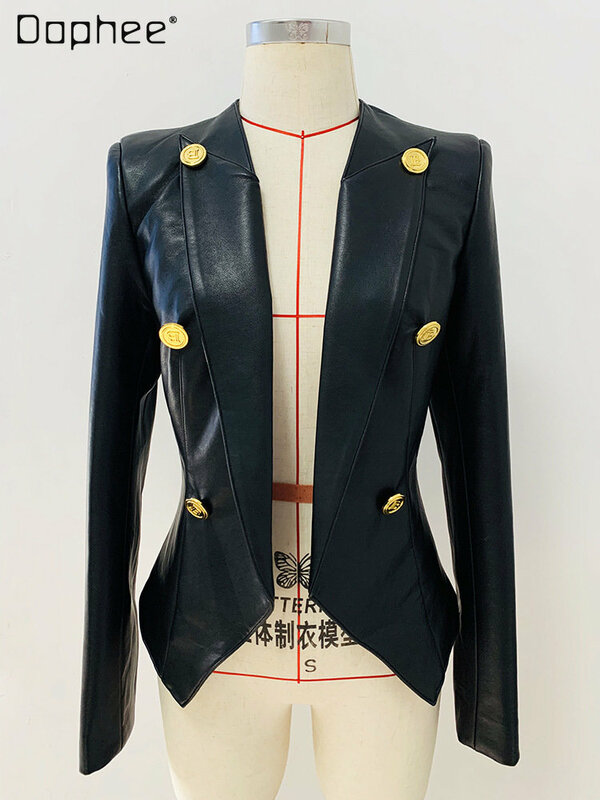 Blazer de couro sem gola slim-fit trespassado duplo para mulheres, jaqueta elegante, metal, nova moda, outono e inverno, 2023