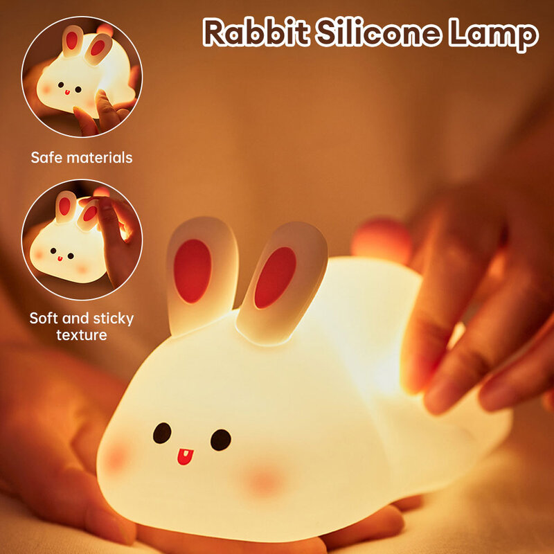 Cute Rabbit Silicone Night Lamp Touch Sensor Big Face Rabbit Pat Night Light Timing USB Rechargeable Light for Kids Gift