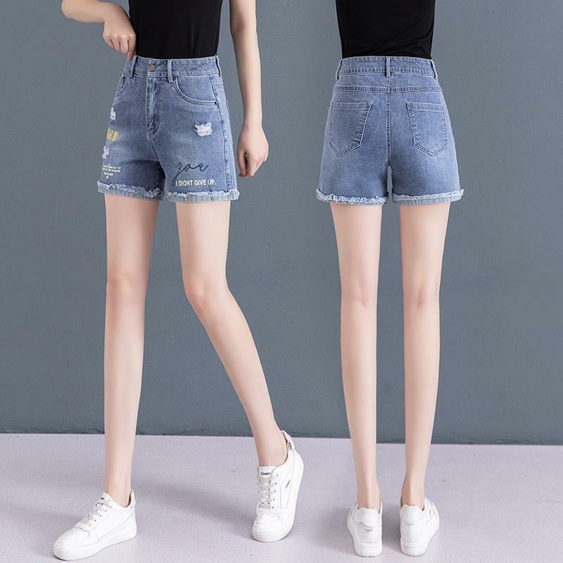 2024 new distressed denim shorts versatile and slimming high waisted loose A-line wide leg pants