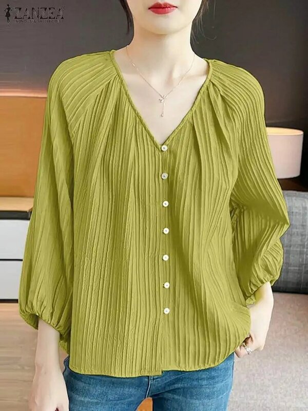 Модная женская блузка ZANZEA с V-образным вырезом и длинным рукавом, осенняя элегантная рубашка, повседневные топы на пуговицах, однотонные свободные рабочие блузки, рубашка
