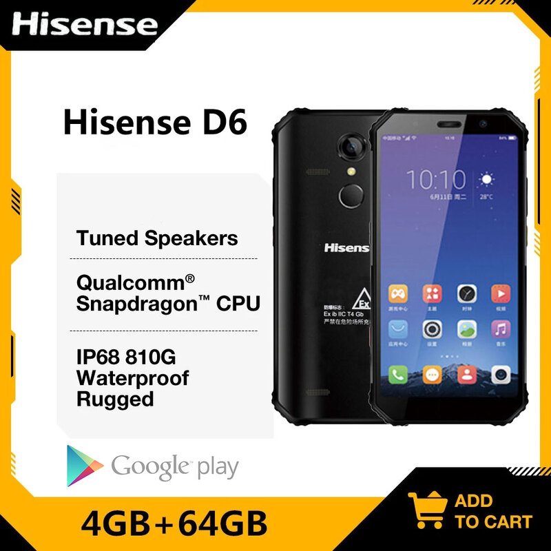 Hisense-Téléphone mobile robuste D6, écran 5.99 pouces FHD + 4G + 64G, Android 8.1, 5400mAh, IP68, étanche, même modèle AGMA9