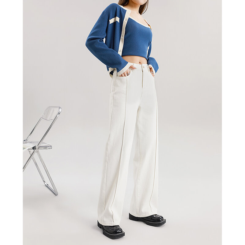 Toyouth calças de brim femininas 2023 verão cintura alta em linha reta calças jeans longo puro algodão branco casual designer chique