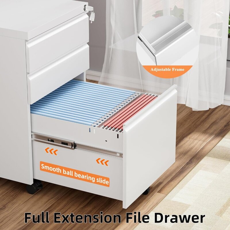 3 Drawer Filing Cabinet with Lock, Assembled White Mobile File Cabinet with Wheels, Rolling Small Metal Cabinets