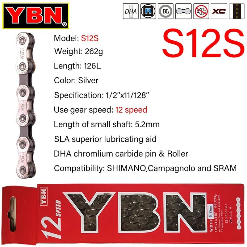 YBN-MTB 산악 로드 자전거 체인, 11 단 속도 중공 자전거 체인, 116 링크 실버 S11S m7000 XT 용