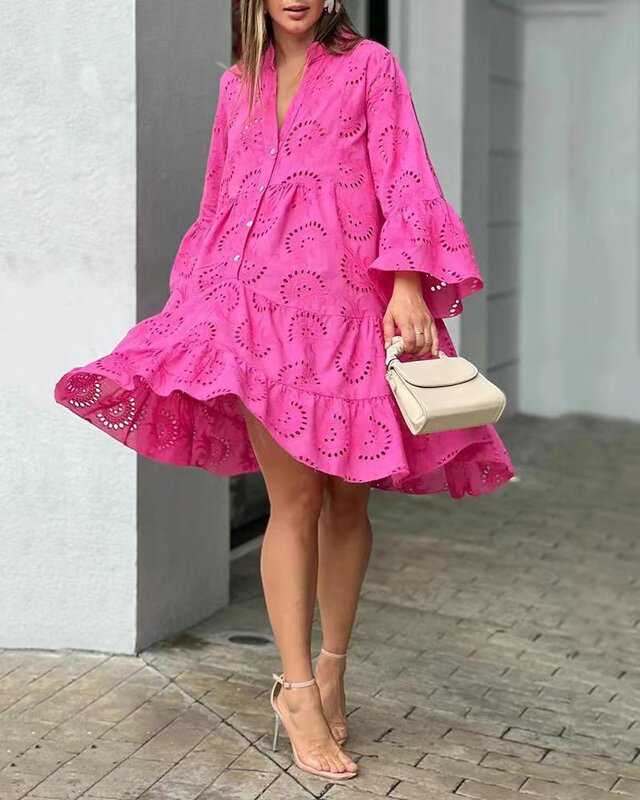Женское ажурное платье, элегантное винтажное однотонное кружевное платье с V-образным вырезом, свободное пляжное платье-мини с вышивкой, лето-осень