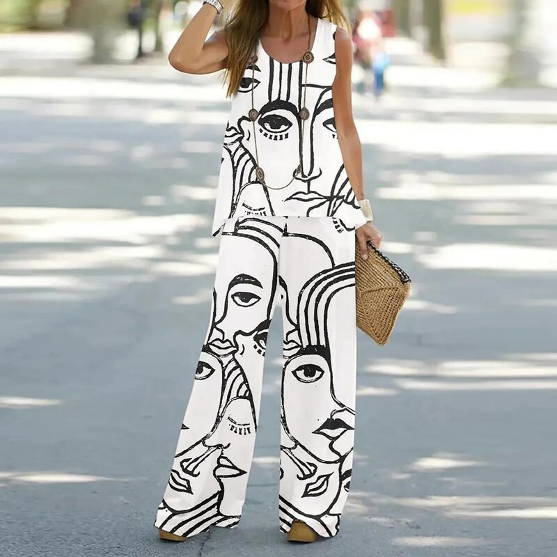 Women 2 Piece Outfits Boho Casual Printed Vest Sleeveless Top Loose Wide Leg Pants Trousers Set Suit Personalized Fashion