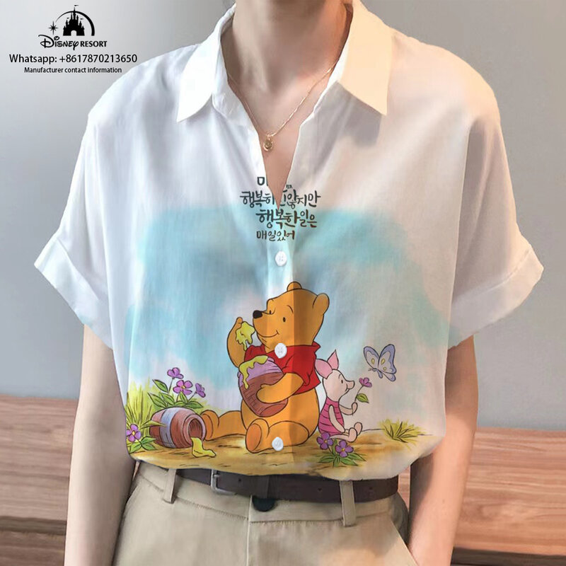 2024 New Summer Street Style Disney Mickey Minnie Anime Short Sleeve Shirt Fashion Casual Women's Top Beach Shirt