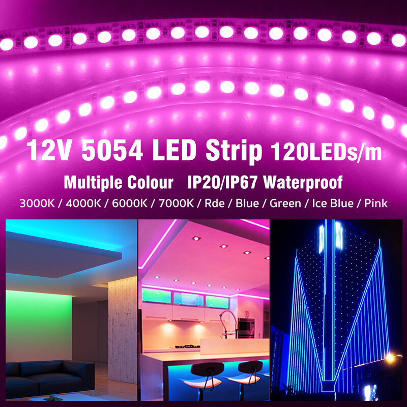 Lampu setrip LED 120LED 5M 5054 LEDs lampu LED fleksibel DC 12V tahan air kecerahan tinggi dari 5050 biru hijau merah putih RGB