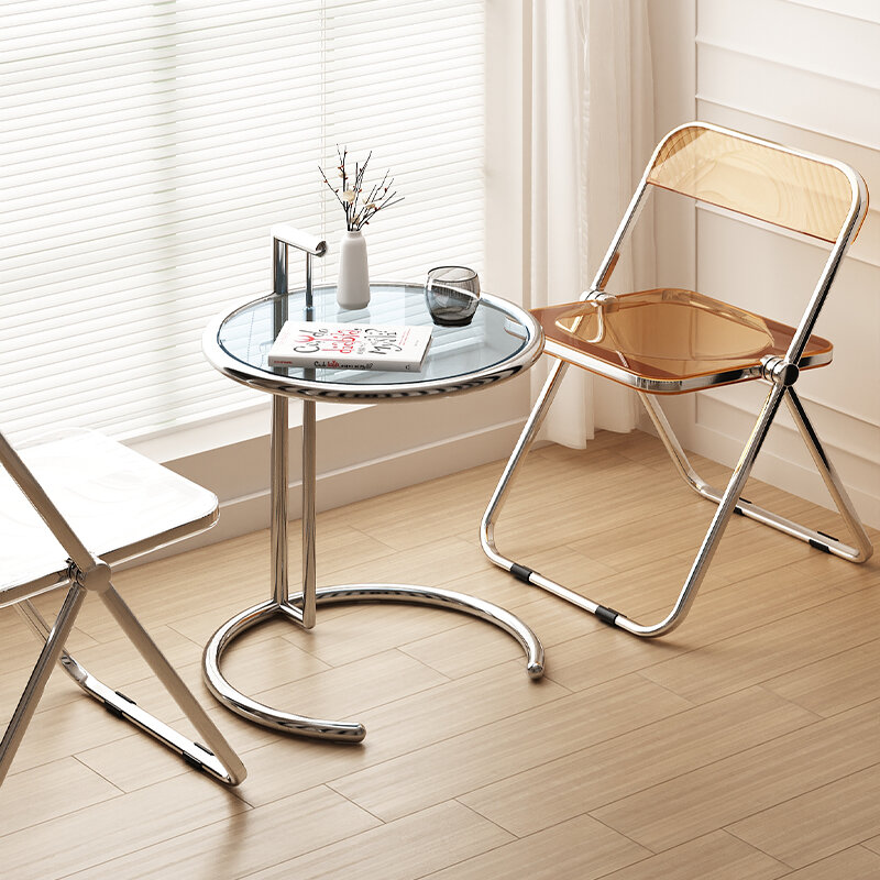 Table basse élévatrice en verre créative nordique, table d'appoint de canapé transparente, design moderne simple, table en forme de C, acier inoxydable