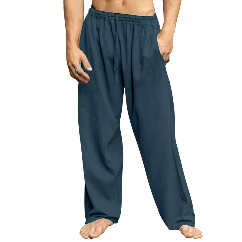 Calça esportiva respirável hip-hop masculina, algodão de linho, calça solta, monocromática, casual, verão, plus size, S-3XL