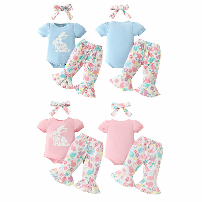 TiaoBug Three-peice Newborn Baby Girls Outfit Set Rabbits Print Short Sleeve Romper with Bunny Bell Bottoms And Bow Headband Set