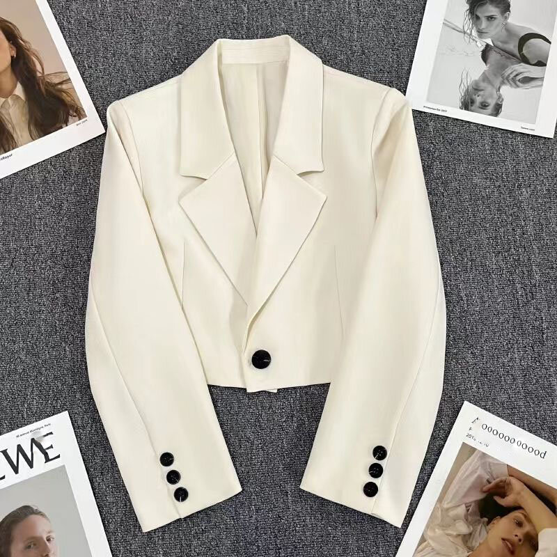Lucyever Korean Cropped Blazers Women Solid Color Simple Single-button Outwear Teens All-match Long Sleeve Office Suit Jacket