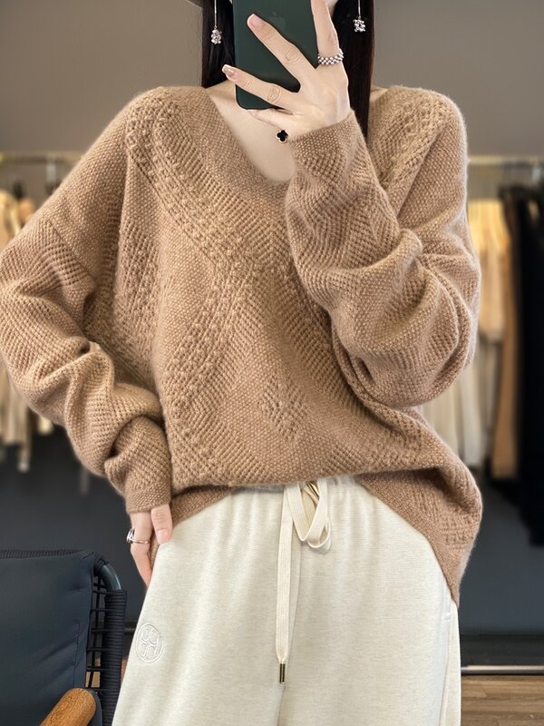 Damski sweter z dekoltem typu V-neck sweter jesienno-zimowy na co dzień gruby z wycięciami 100% merynosów wełniana dzianina kwiatowy szlich odzież damska Top